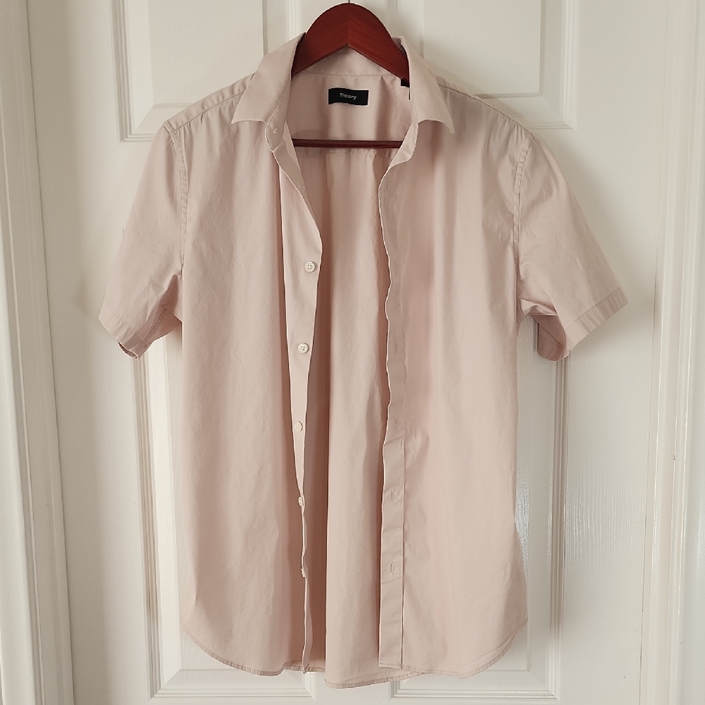 Theory Light Pink Short Sleeve Button-Down Men's Shirt- Size M, Minimalist